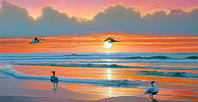 A picturesque sunset over the ocean with a Western Grebe gliding on the water, silhouetted cliffs in the background, and seagulls flying overhead.