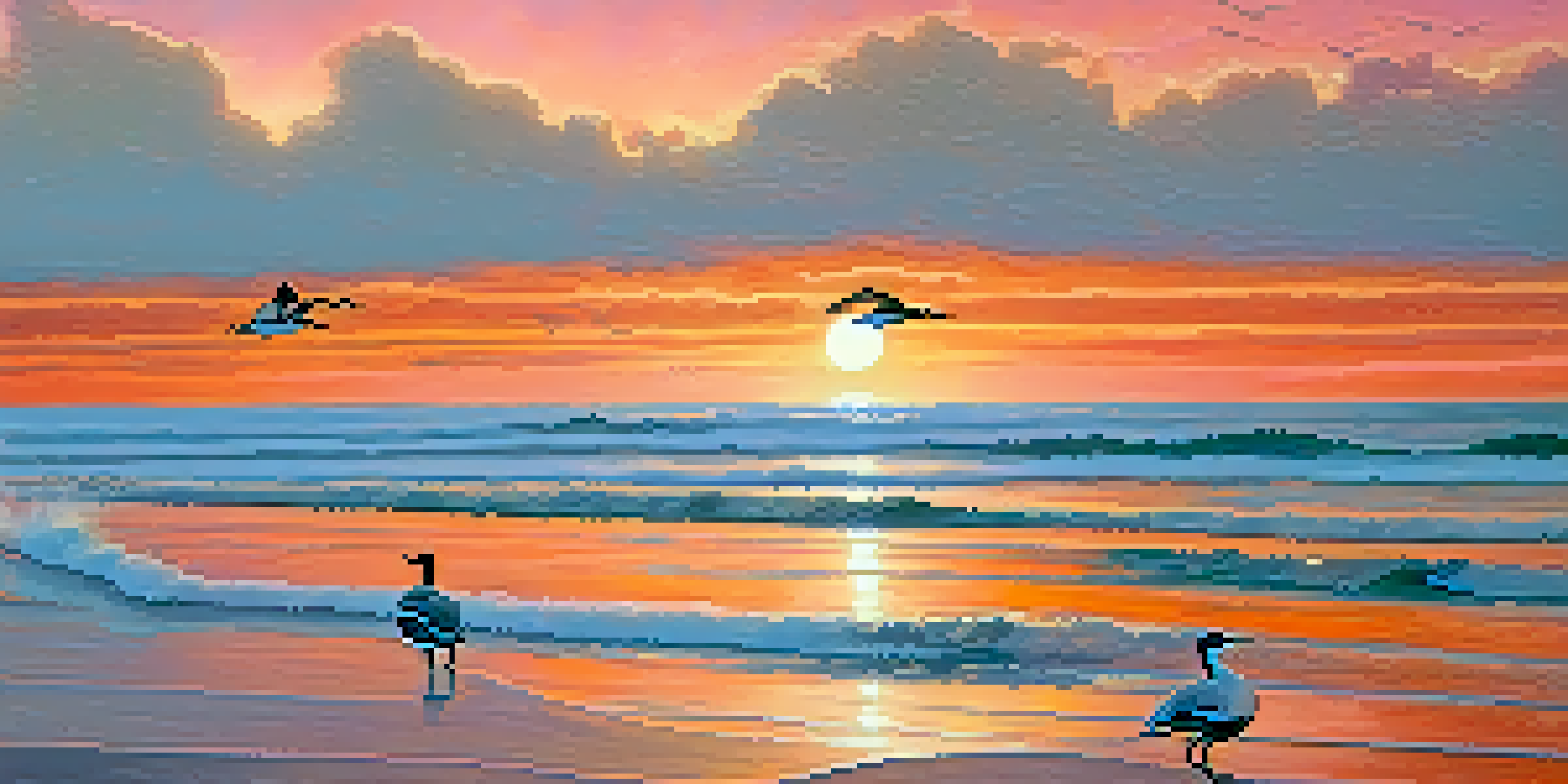 A picturesque sunset over the ocean with a Western Grebe gliding on the water, silhouetted cliffs in the background, and seagulls flying overhead.