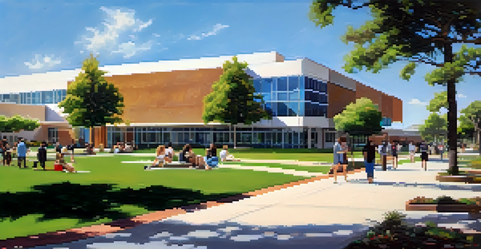 A sunny day at Carlsbad Community College with students of diverse backgrounds engaged in various activities on campus.