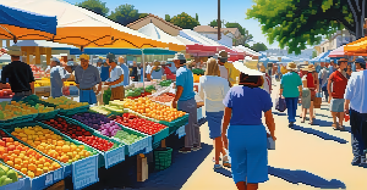 A lively farmer's market with colorful stalls of fresh produce and flowers under a blue sky.