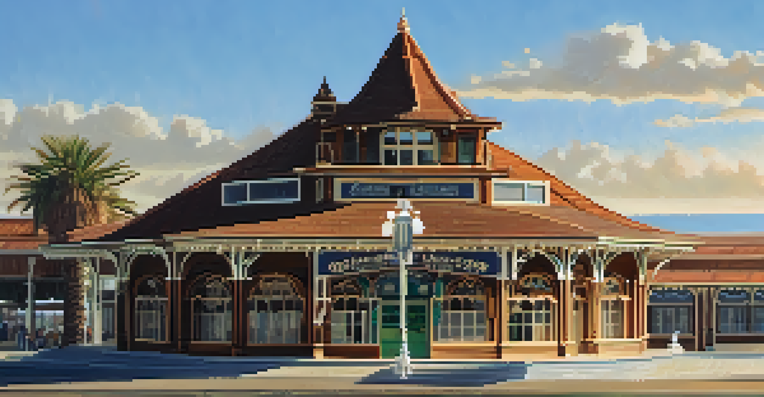 A close-up view of the intricate architectural details of Carlsbad's first train station, showcasing wooden textures and vintage signage illuminated by sunlight.