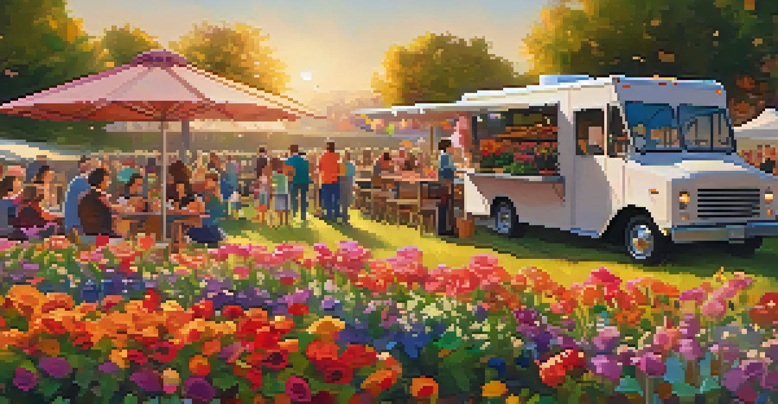 People enjoying food from a food truck at the Flower Fields Festival surrounded by blooming flowers.