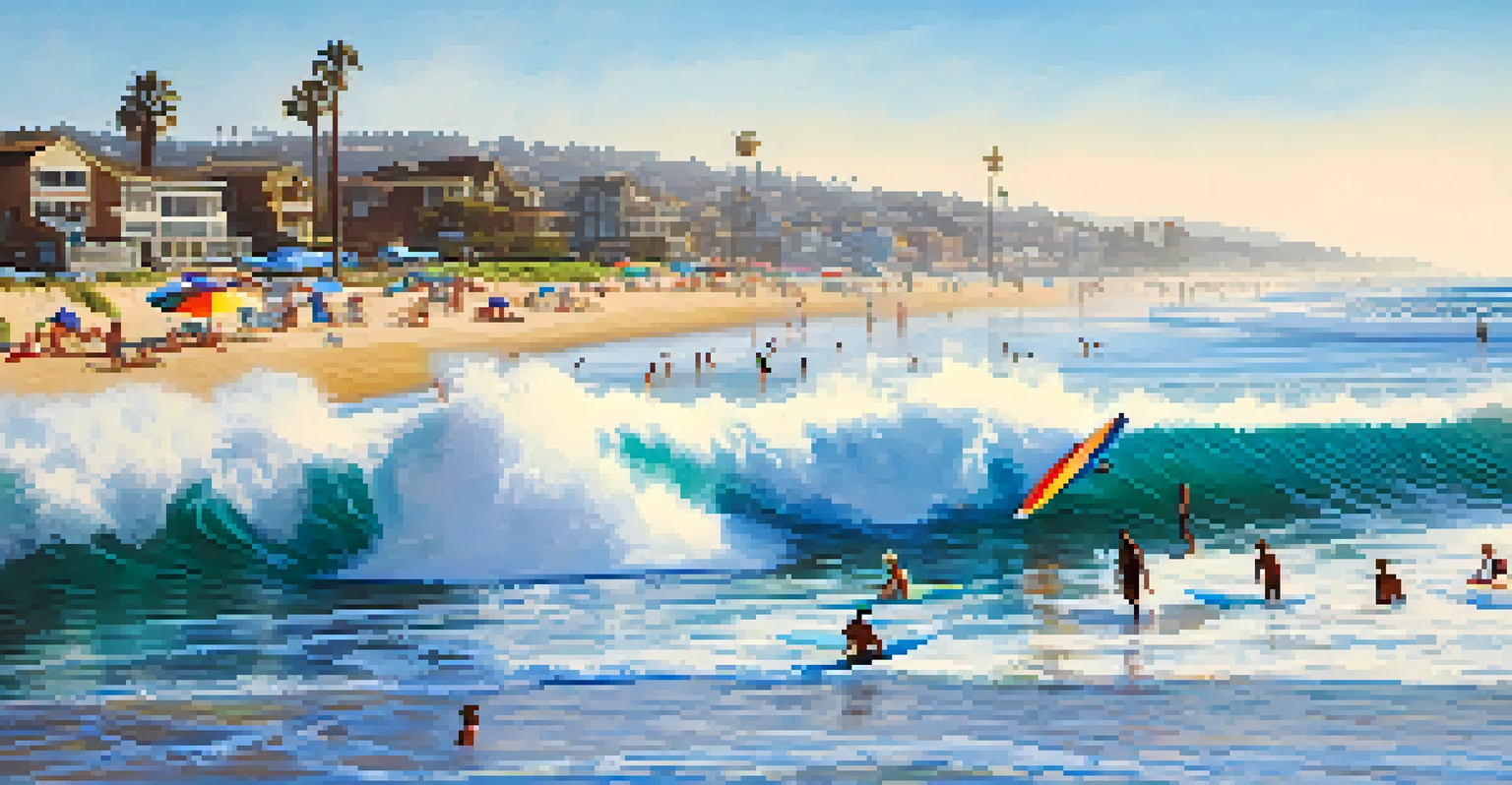 A surfer riding a wave at Carlsbad Beach with a bright blue sky and sandy beach in the background.