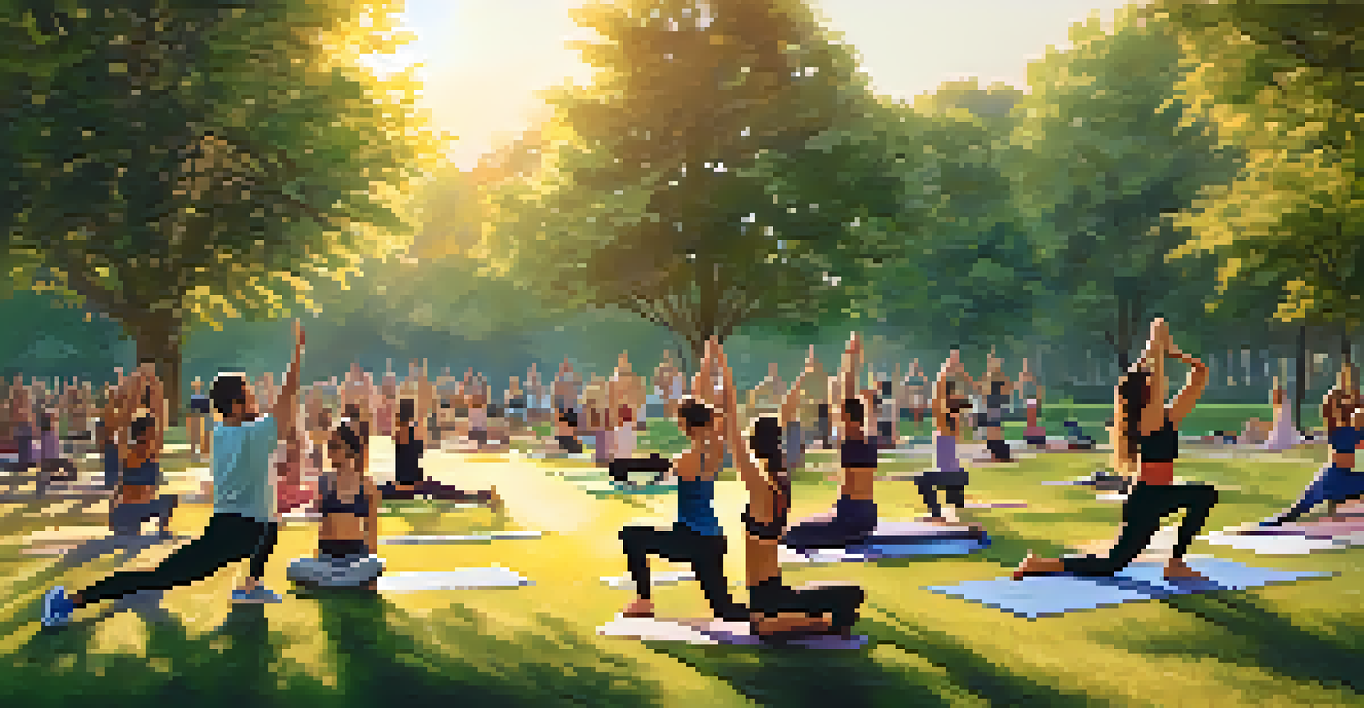 People of different ages practicing yoga in a sunny park, surrounded by trees and grass.