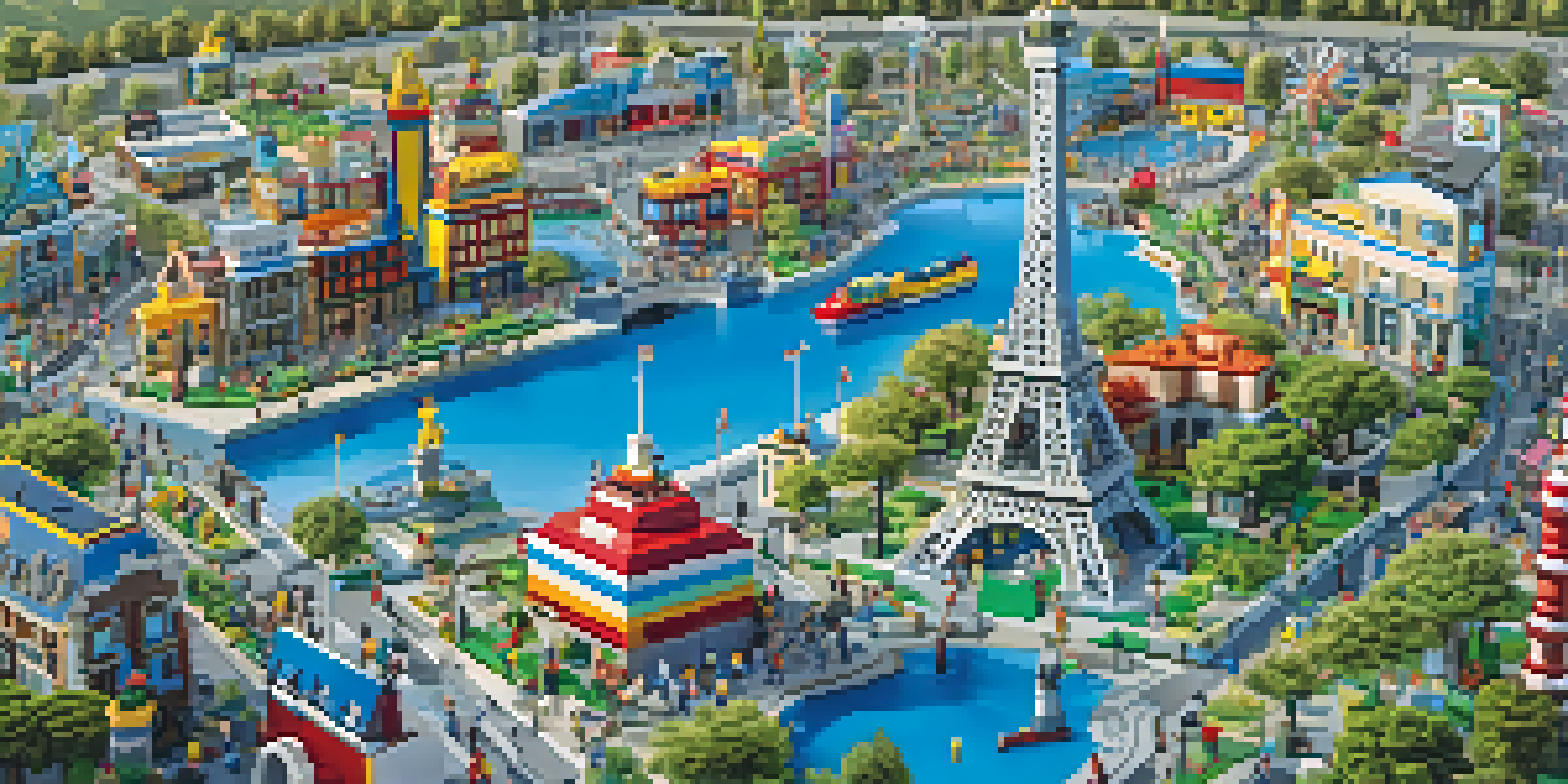A colorful miniature landscape showcasing famous landmarks and a LEGO city street with small figurines.