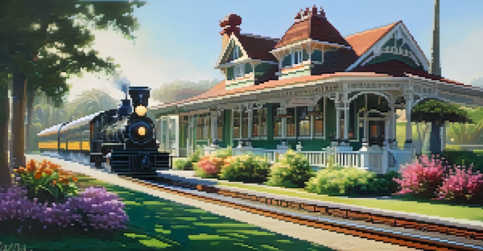 A historic wooden train station in Carlsbad, California, featuring Victorian architecture, surrounded by greenery and flowers, with a vintage steam train approaching.