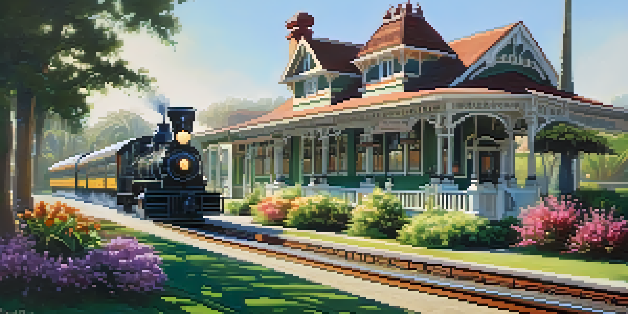 A historic wooden train station in Carlsbad, California, featuring Victorian architecture, surrounded by greenery and flowers, with a vintage steam train approaching.