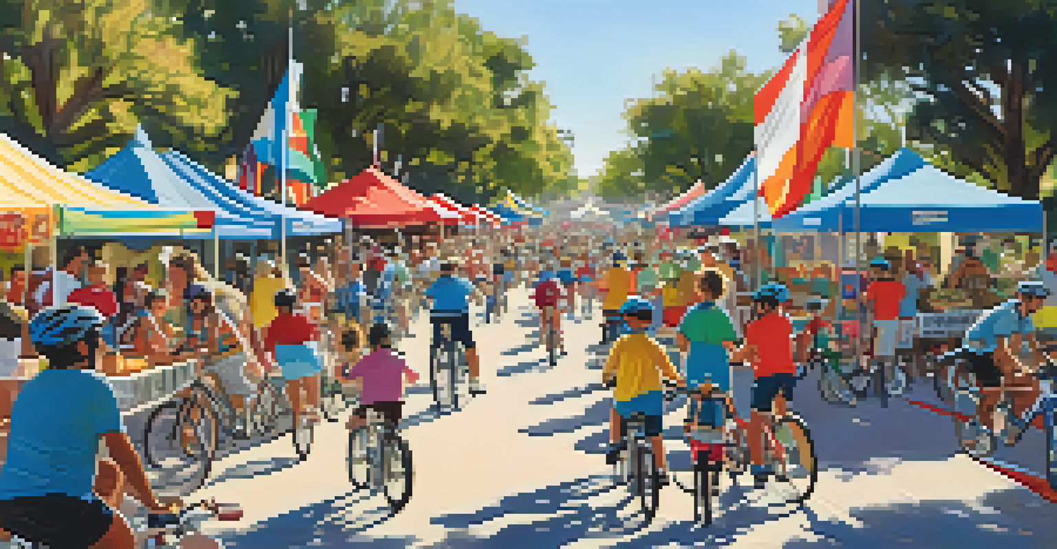 A lively community biking event with cyclists of all ages riding through a park with food stalls and decorations.