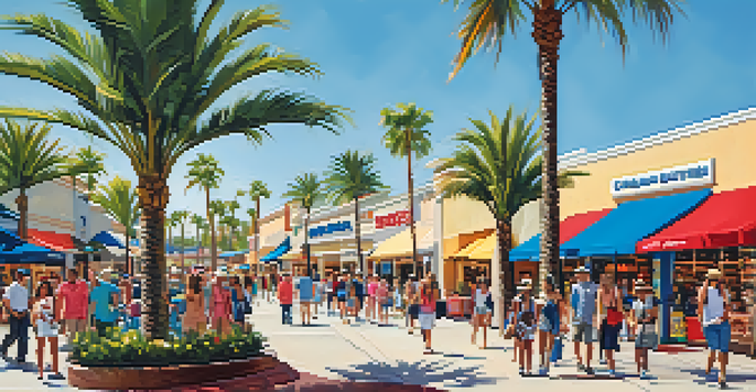 A lively outdoor shopping area at Carlsbad Premium Outlets with shoppers, palm trees, and bright store signs.