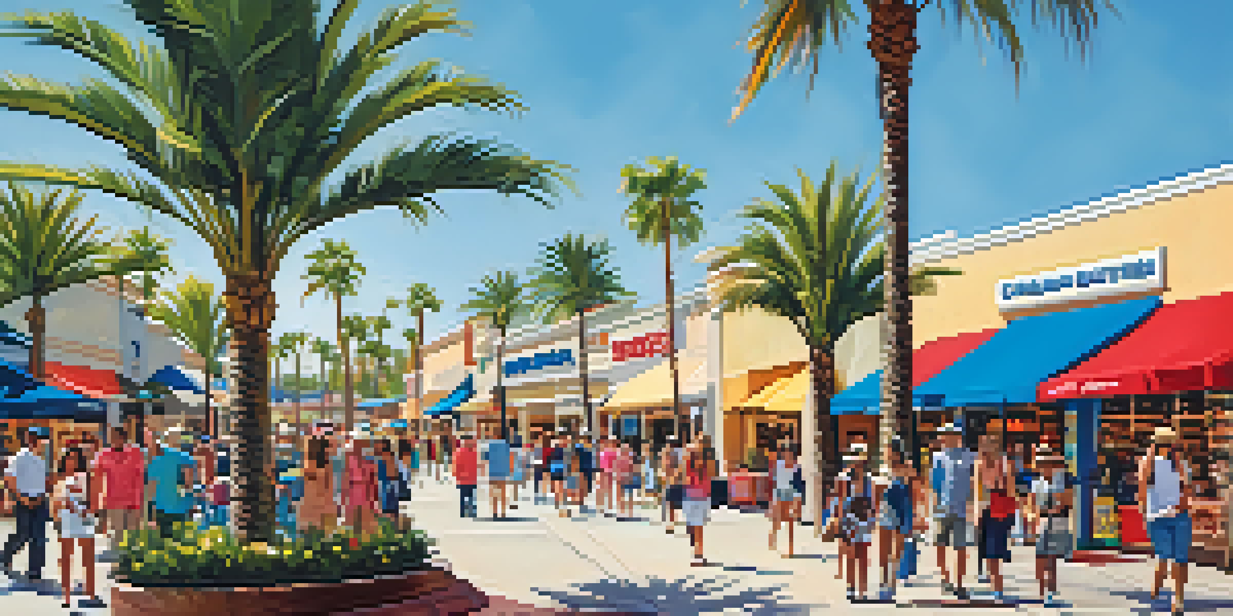 A lively outdoor shopping area at Carlsbad Premium Outlets with shoppers, palm trees, and bright store signs.