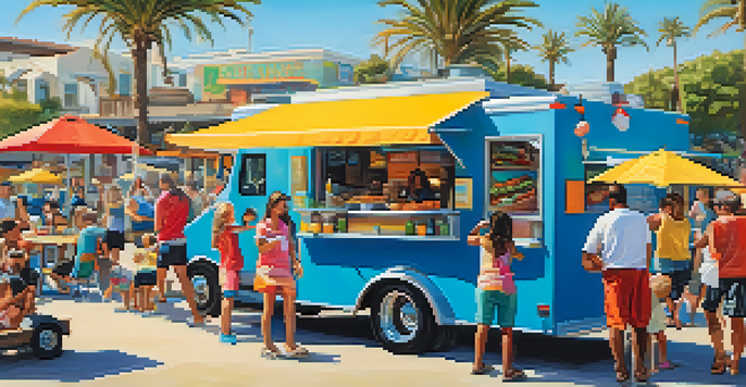 A lively food truck park in Carlsbad with families enjoying meals and children playing, colorful trucks serving tacos and grilled cheese.