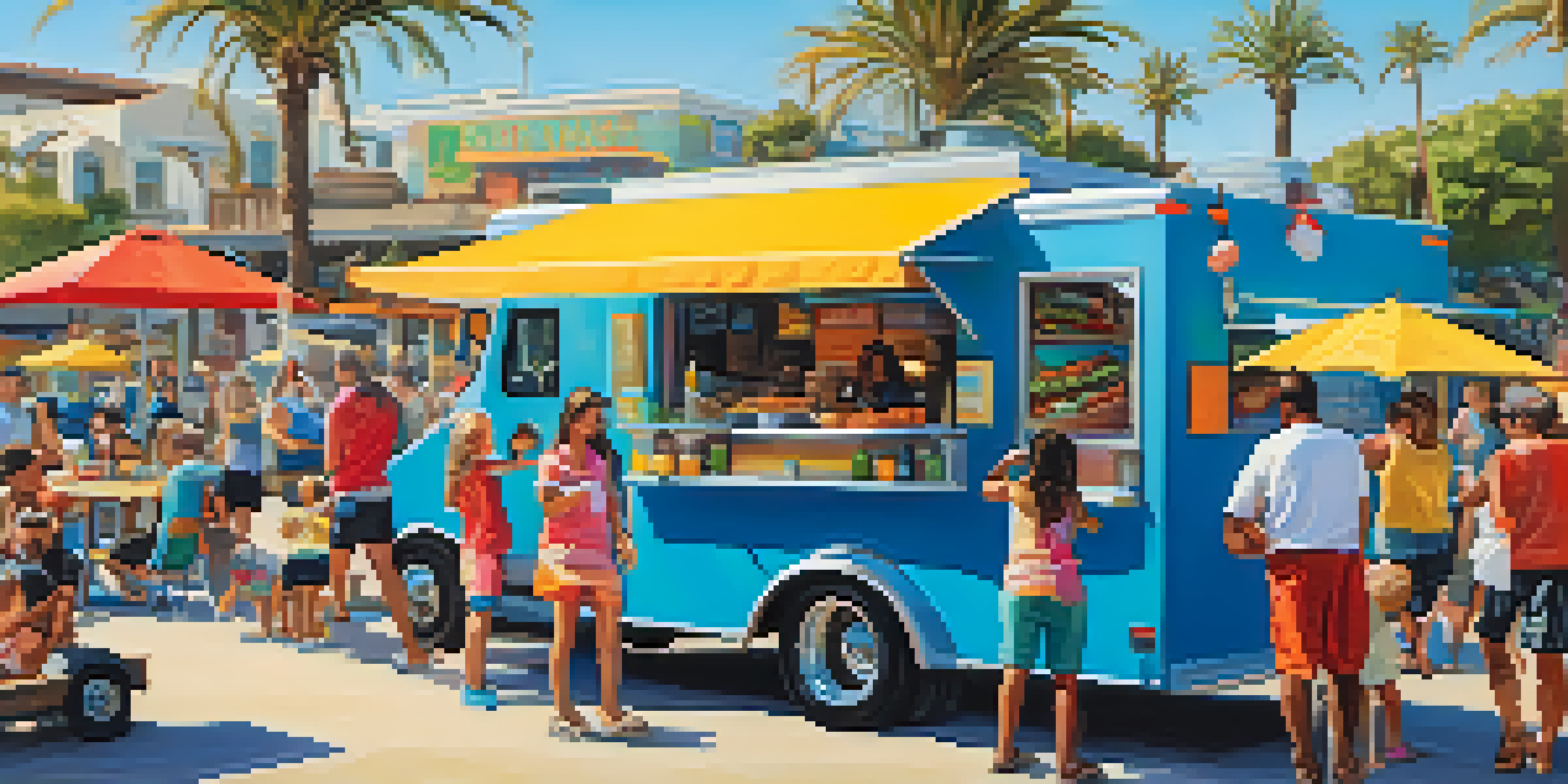 A lively food truck park in Carlsbad with families enjoying meals and children playing, colorful trucks serving tacos and grilled cheese.