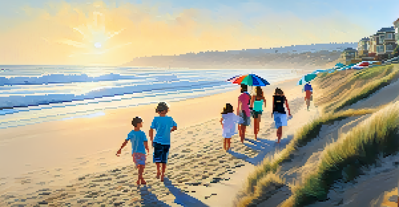 Families hike along Carlsbad State Beach, enjoying the sun and ocean while children play in the sand.