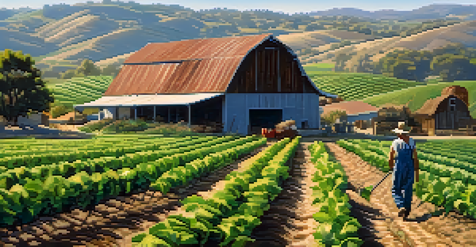 A serene local farm in Carlsbad with a farmer tending to crops against a backdrop of hills and a barn.