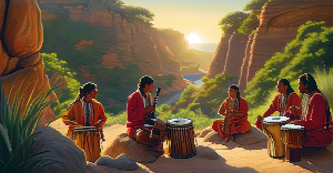 A group of indigenous musicians playing traditional instruments in a lush green landscape during sunset.