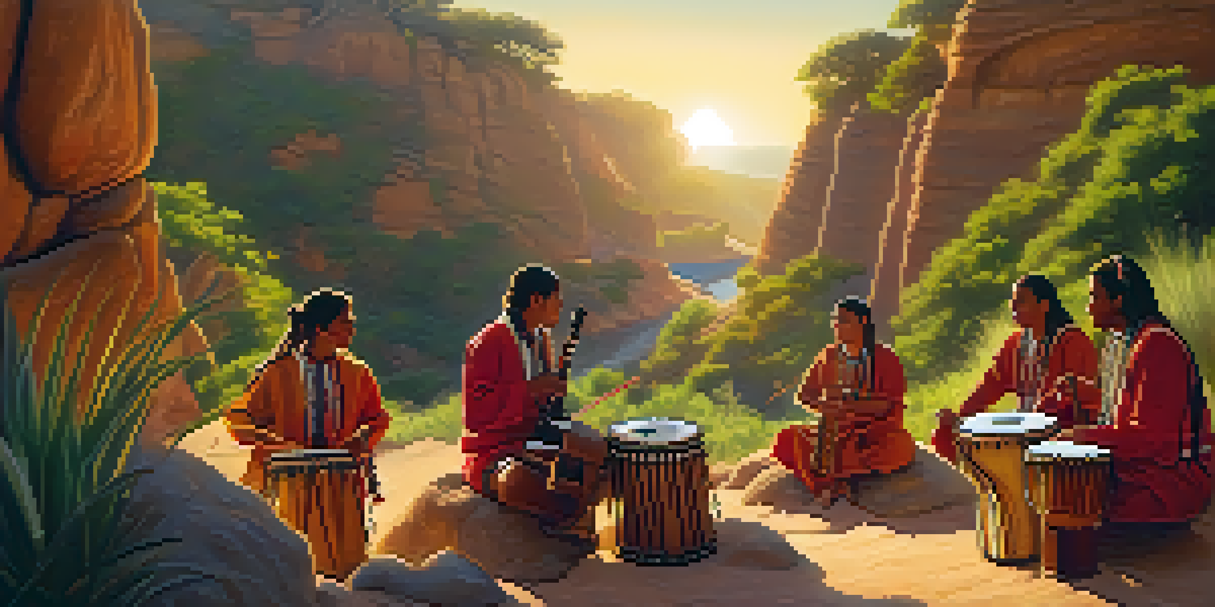A group of indigenous musicians playing traditional instruments in a lush green landscape during sunset.