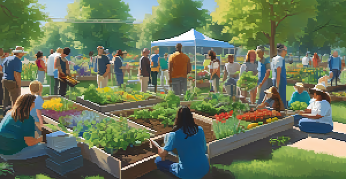 A lively gardening workshop in a park, with diverse participants learning to plant flowers and vegetables under a clear blue sky.