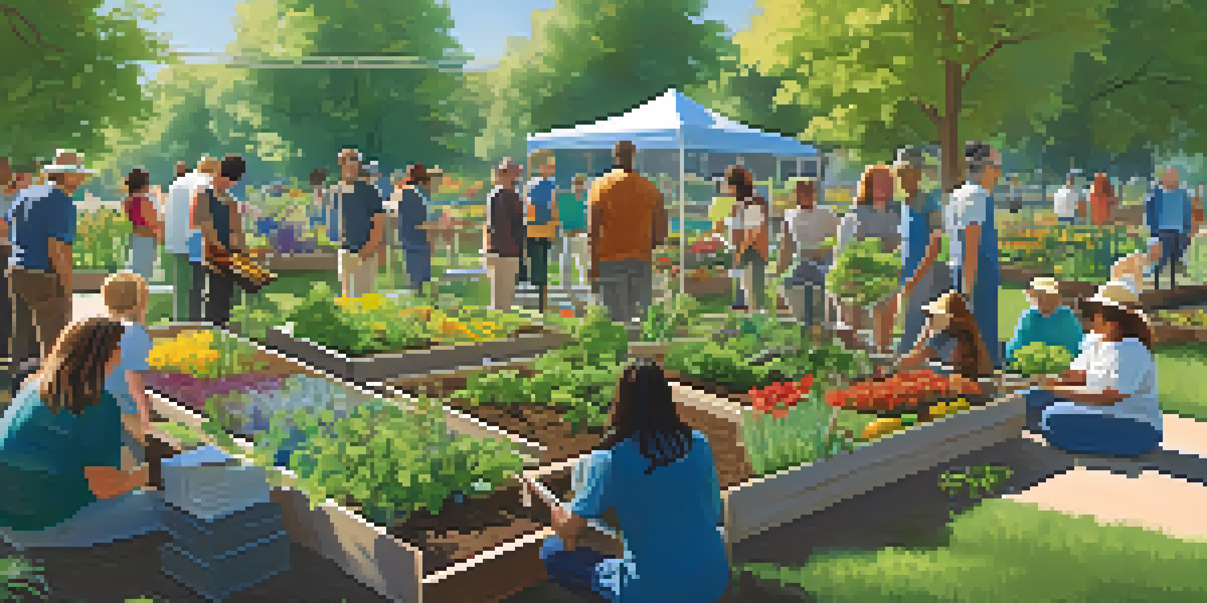 A lively gardening workshop in a park, with diverse participants learning to plant flowers and vegetables under a clear blue sky.