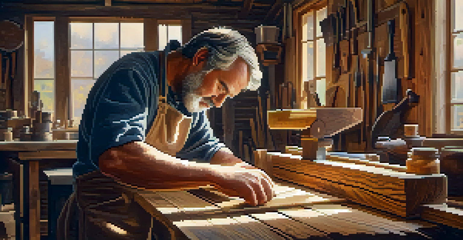 A local artisan in a cozy workshop crafting bespoke furniture from reclaimed wood, with hand tools and warm sunlight highlighting the wood's rich texture.