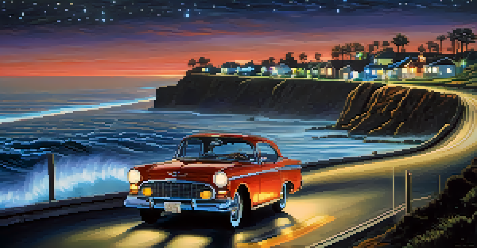Couple driving at night along the coast with city lights and stars in the sky.