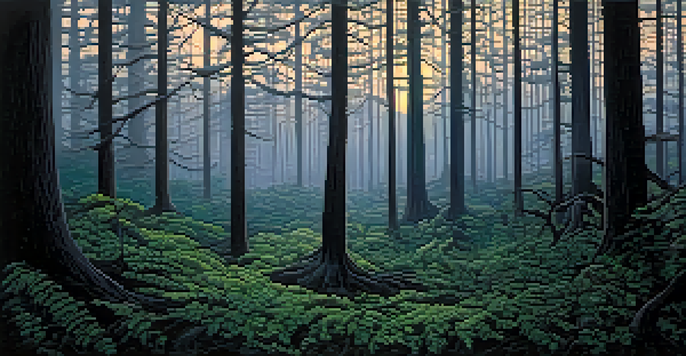A dark forest scene in Carlsbad, New Mexico, featuring a mysterious figure partially hidden in fog, surrounded by tall trees and moonlight.