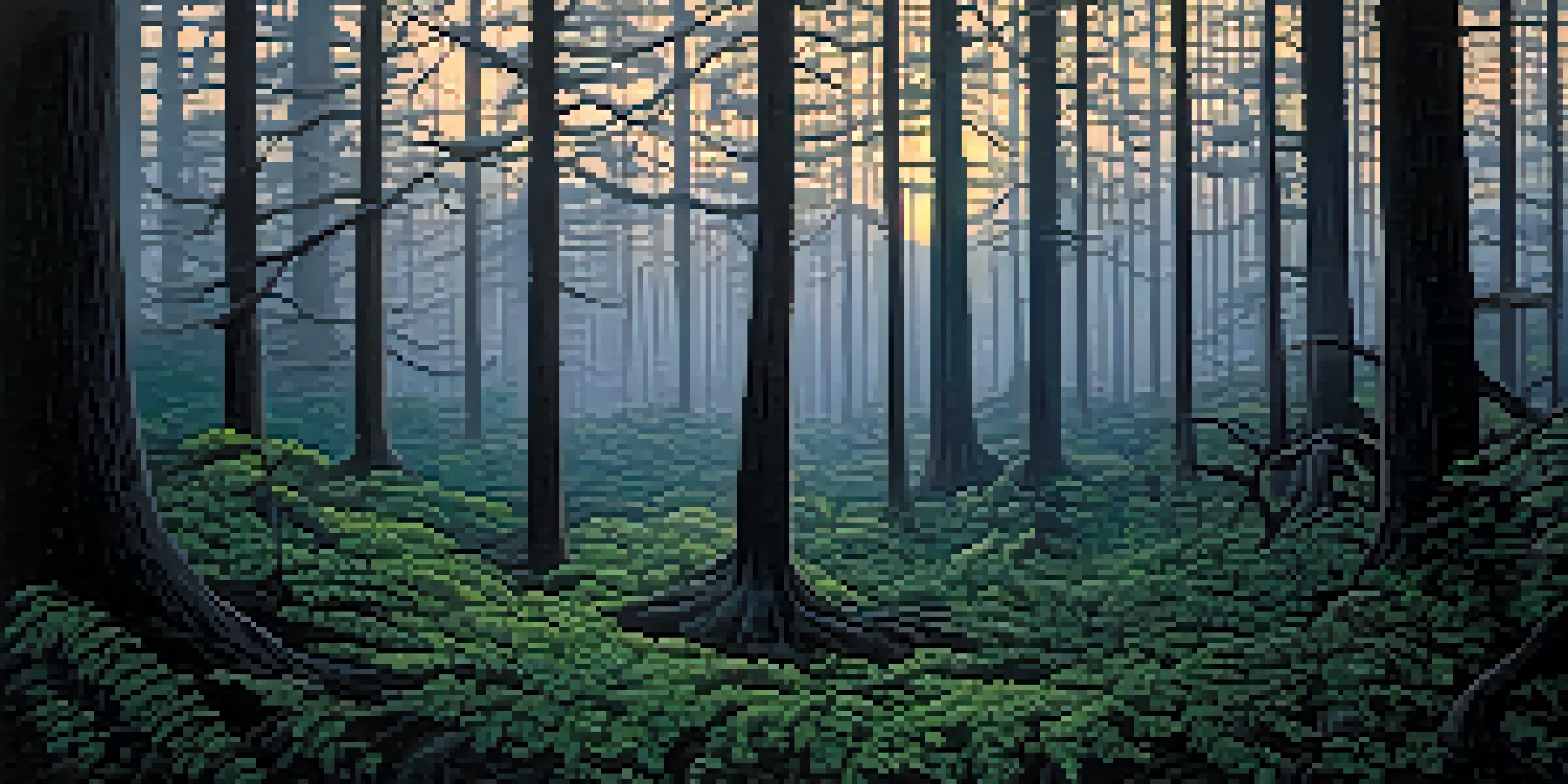A dark forest scene in Carlsbad, New Mexico, featuring a mysterious figure partially hidden in fog, surrounded by tall trees and moonlight.