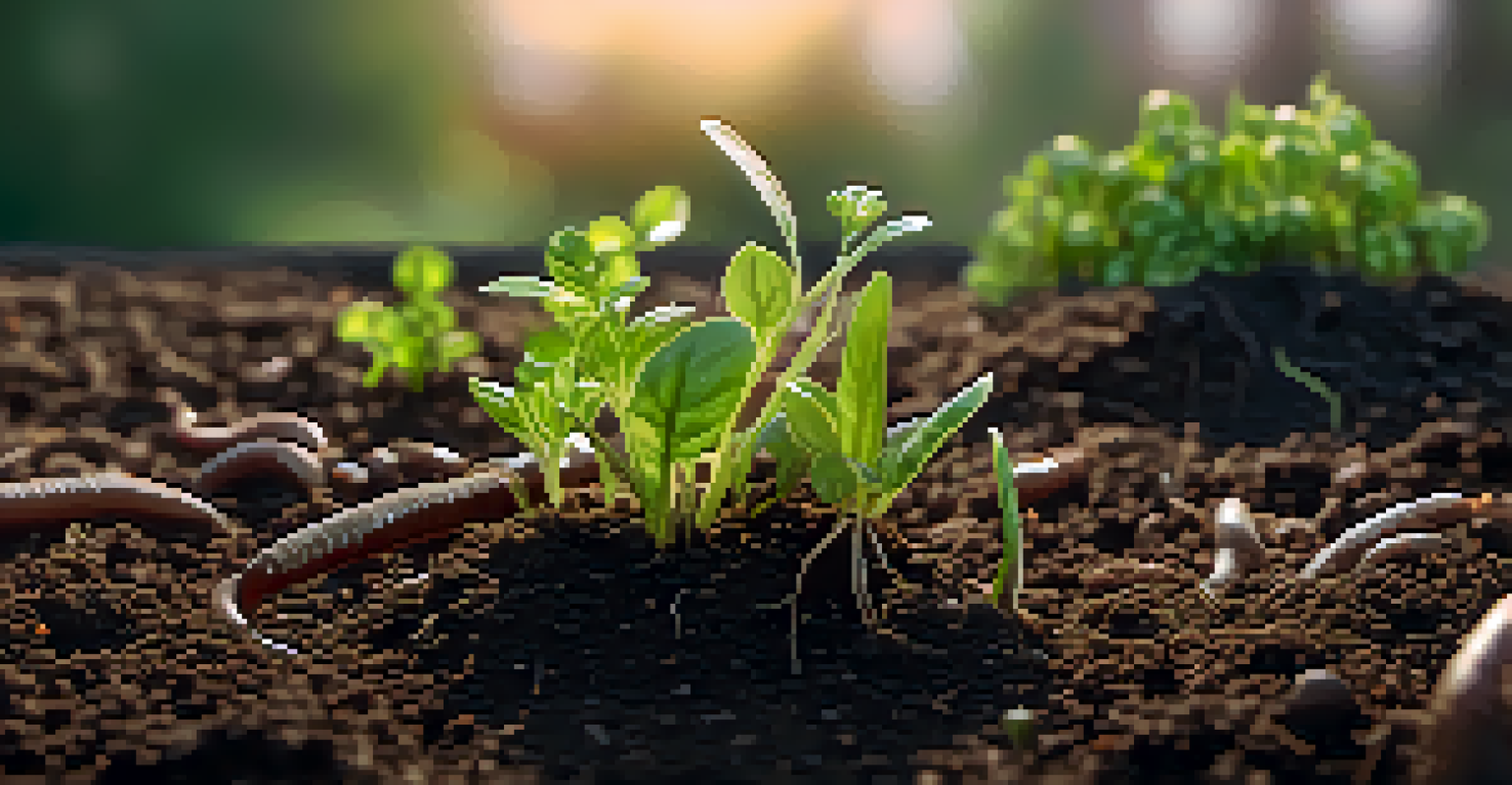 A close-up of healthy, compost-enriched soil with small plants sprouting and sunlight filtering through foliage.