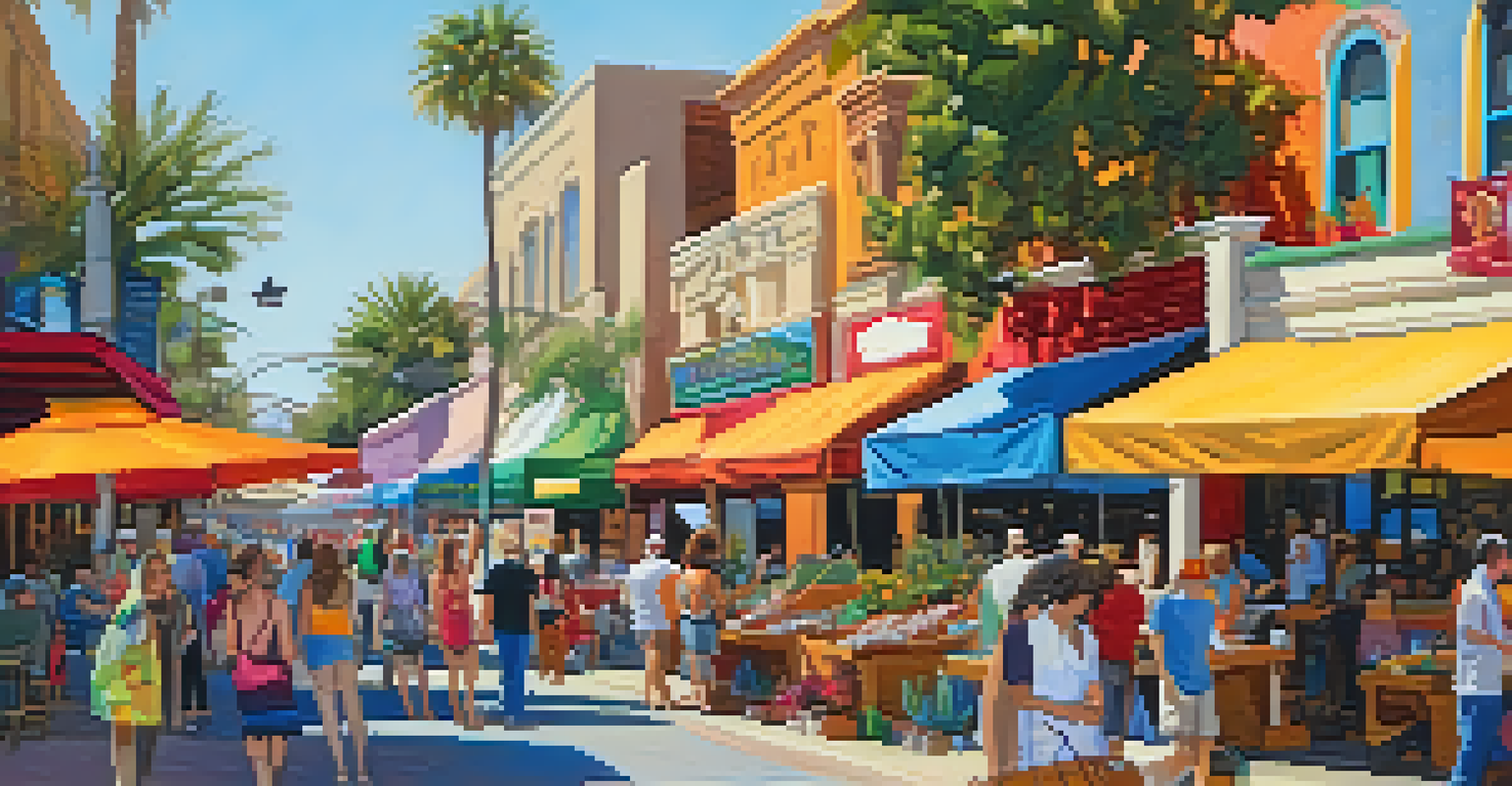A lively street scene at an art festival in the Carlsbad Theater District with artists and visitors.