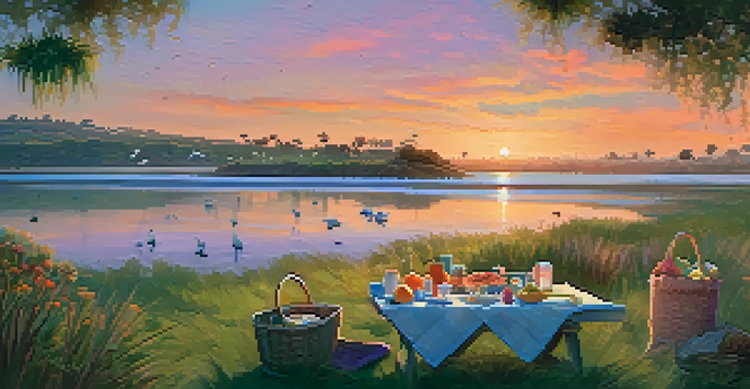 A peaceful picnic at Batiquitos Lagoon with a beautiful sunset, featuring a picnic blanket and snacks, surrounded by nature and birds.