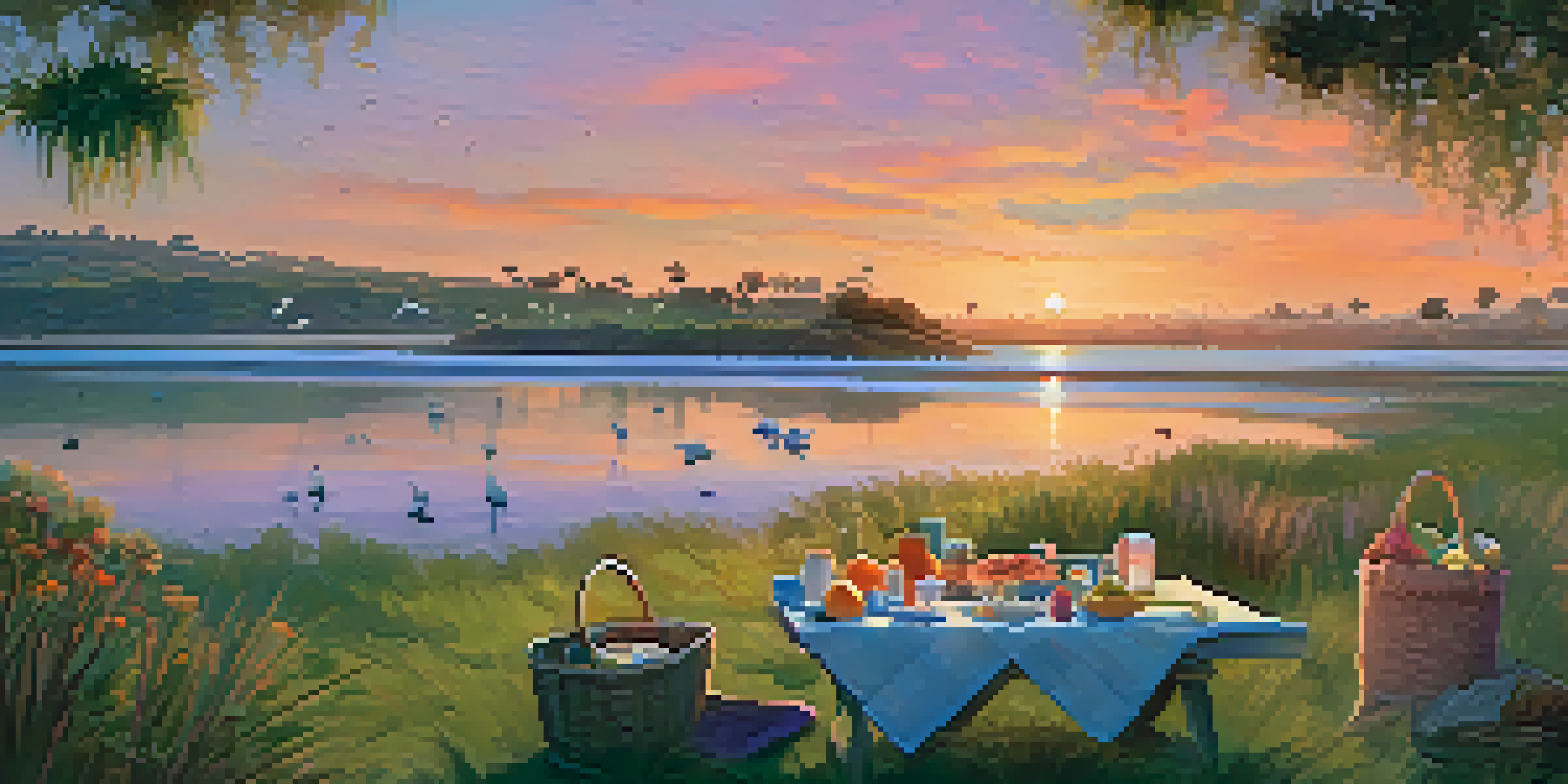 A peaceful picnic at Batiquitos Lagoon with a beautiful sunset, featuring a picnic blanket and snacks, surrounded by nature and birds.