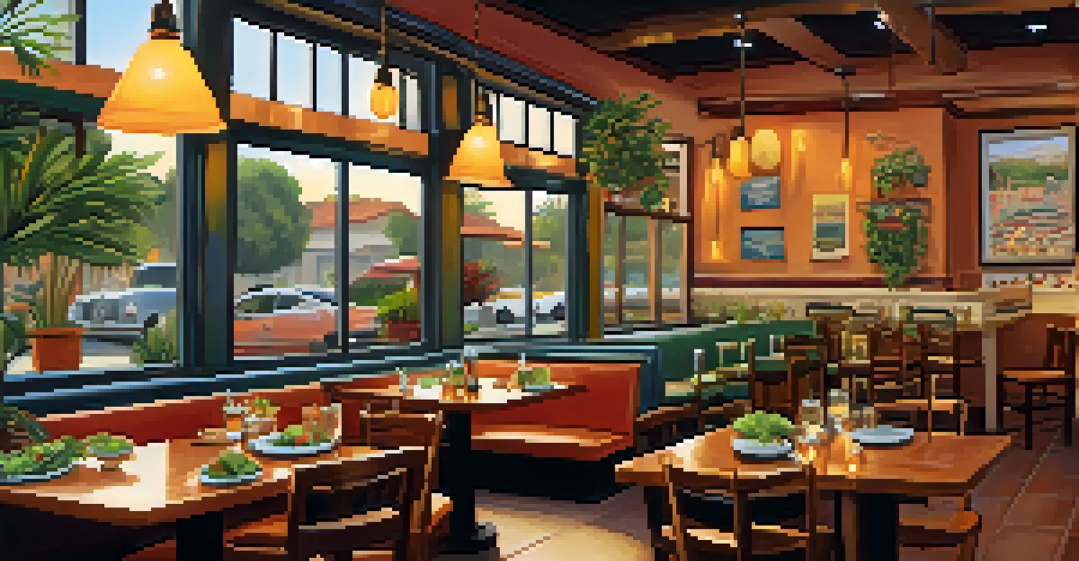 A cozy vegan restaurant interior with a dining table filled with colorful salad bowls and burritos.