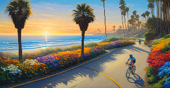 A picturesque coastal bike path with cyclists riding near the beach, ocean waves, and palm trees during sunset.