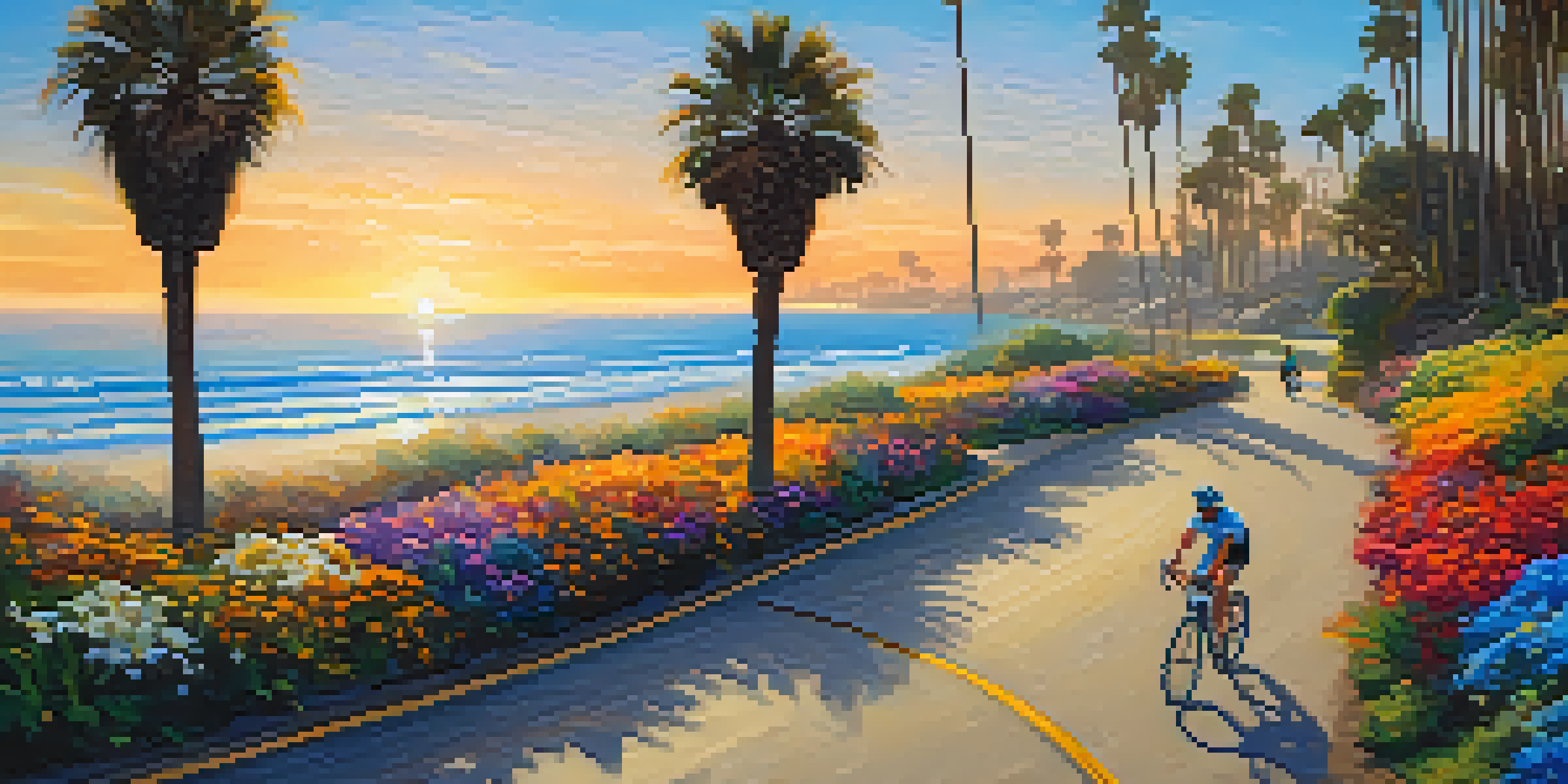A picturesque coastal bike path with cyclists riding near the beach, ocean waves, and palm trees during sunset.