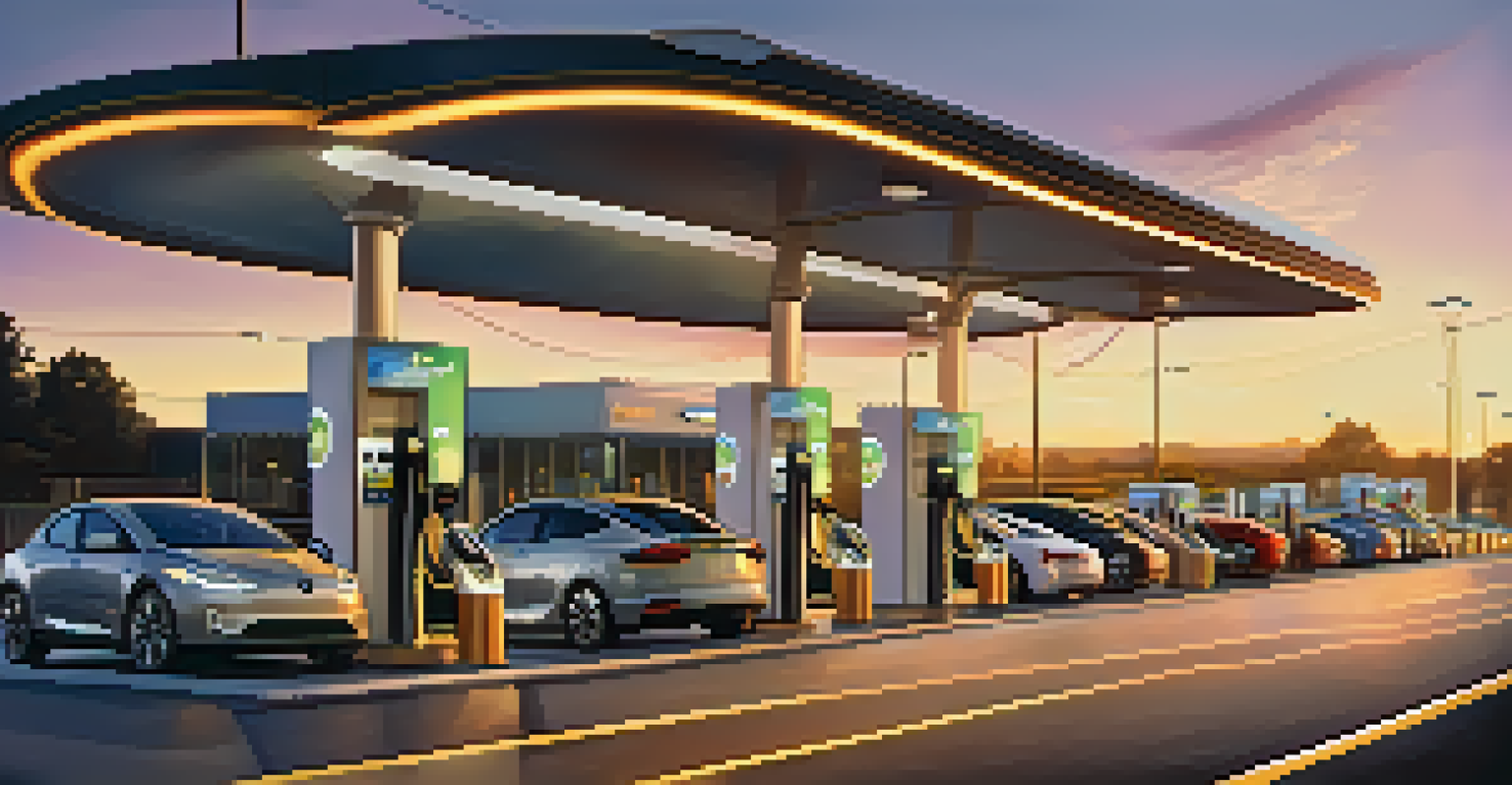 A DC fast charging station along a busy highway at sunset, with electric vehicles lined up for charging under illuminated lights.