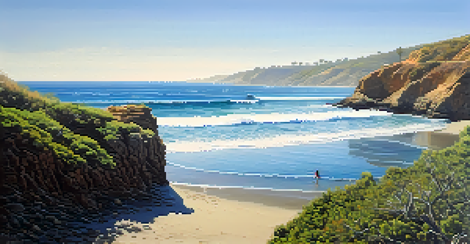 A lone surfer paddling out into the waves at a hidden cove surrounded by rocky cliffs and greenery.