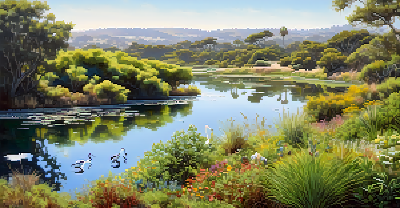 A peaceful view of Batiquitos Lagoon with lush greenery, birds, and a winding trail, showcasing the beauty of nature.