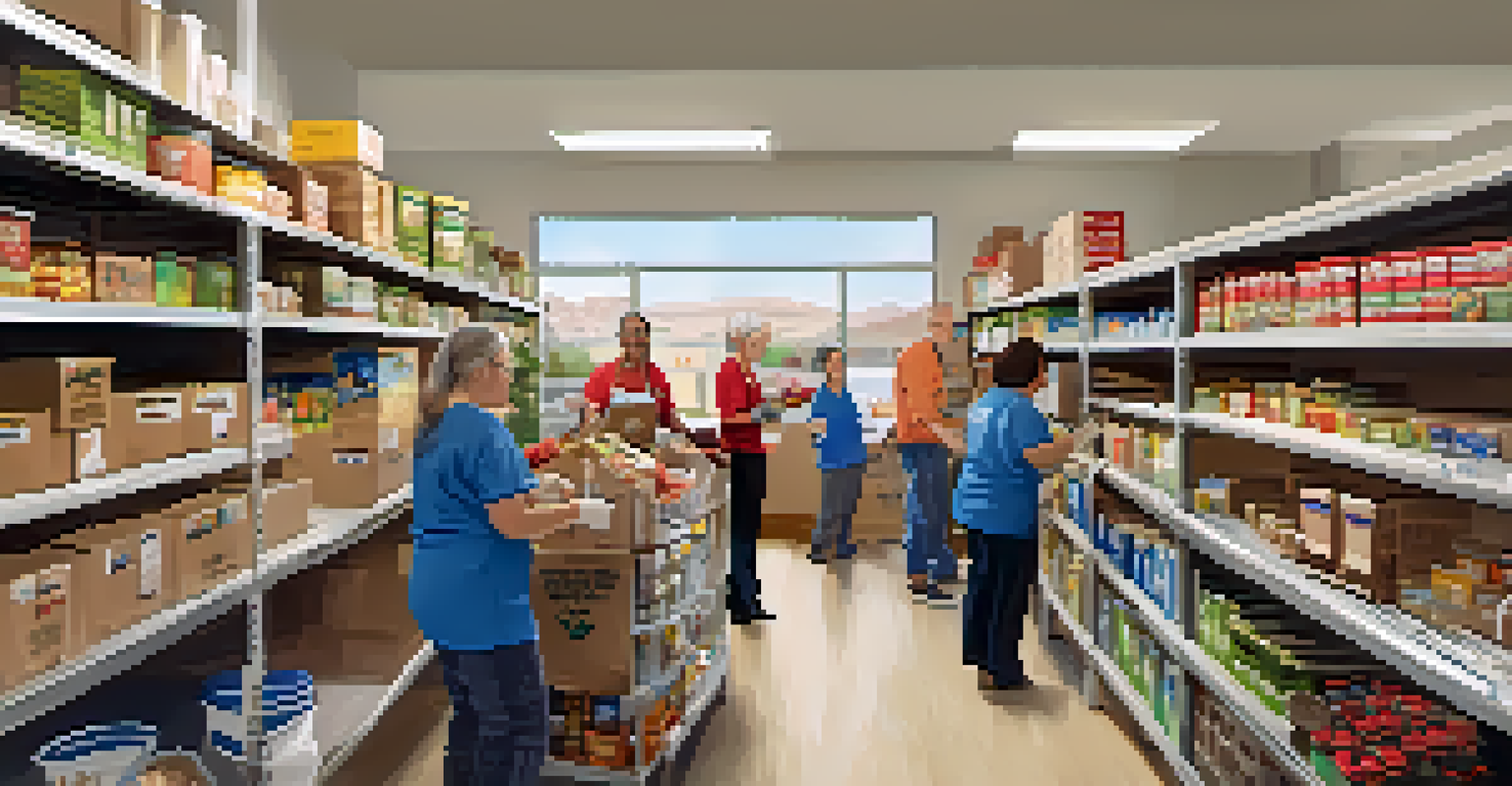 Volunteers sorting and packing food at the Carlsbad Community Food Pantry, highlighting community involvement and support for families in need.