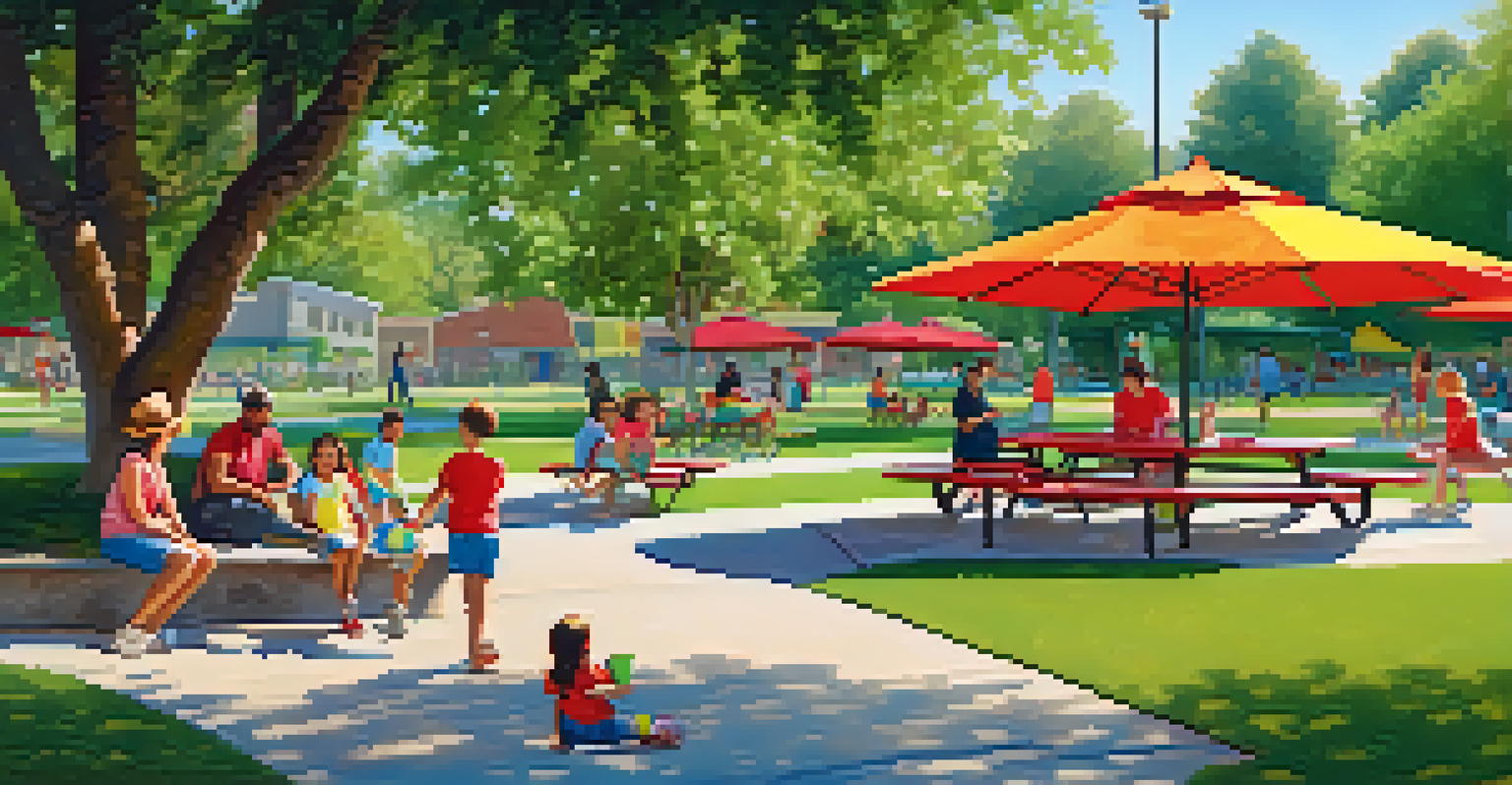 A lively family picnic at Poinsettia Park, showcasing children playing and adults enjoying food under trees.