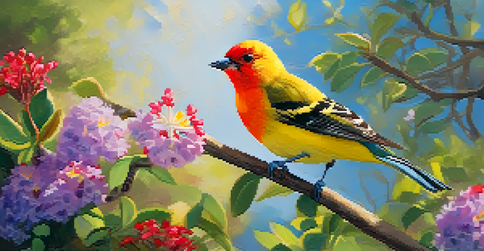 A colorful Western Tanager bird sitting on a flowering branch against a spring backdrop with blue sky and soft sunlight.