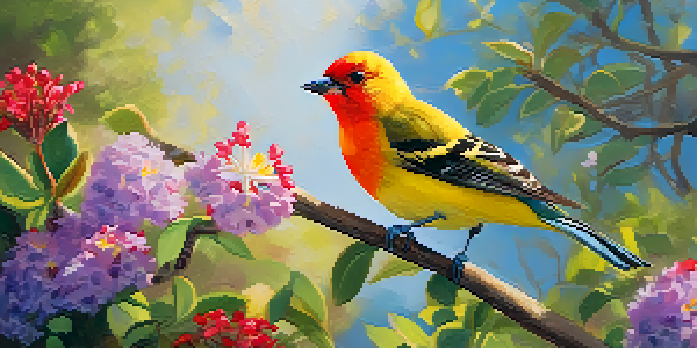 A colorful Western Tanager bird sitting on a flowering branch against a spring backdrop with blue sky and soft sunlight.