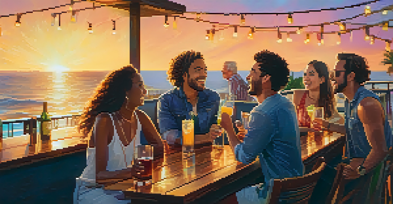 A group of friends enjoying drinks at a vibrant rooftop bar during happy hour, with a beautiful ocean view.