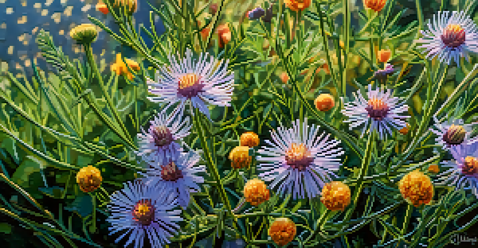 A close-up of colorful wildflowers with detailed petals and leaves, set against a soft green background.