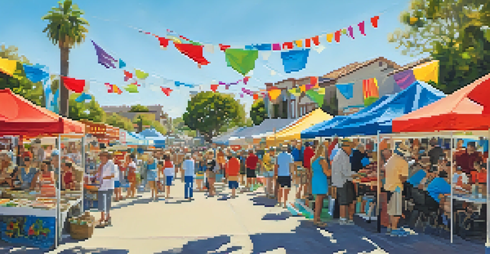 A lively outdoor festival scene at the Carlsbad Village Faire with colorful vendor booths, families, and children enjoying activities.