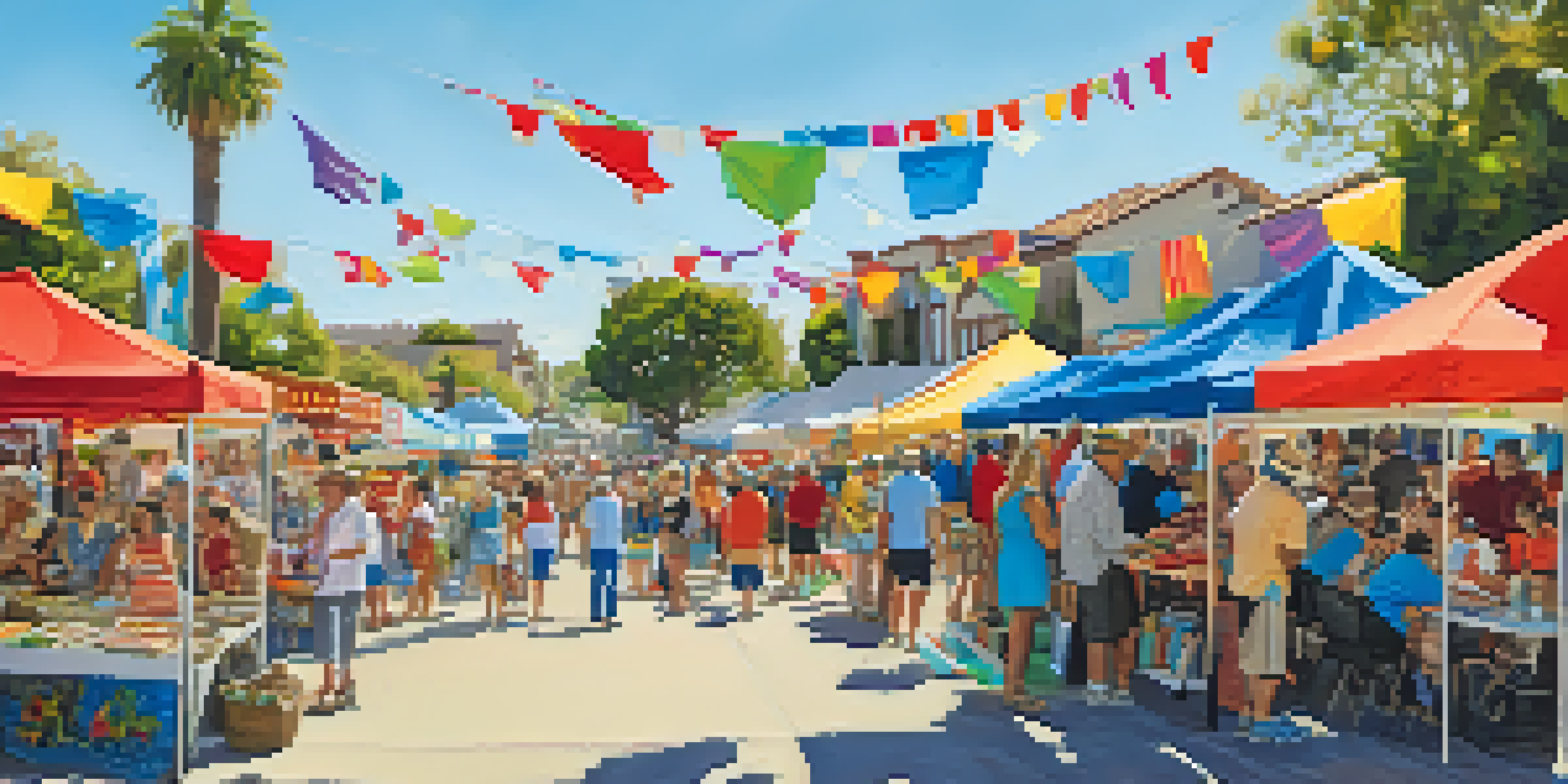 A lively outdoor festival scene at the Carlsbad Village Faire with colorful vendor booths, families, and children enjoying activities.
