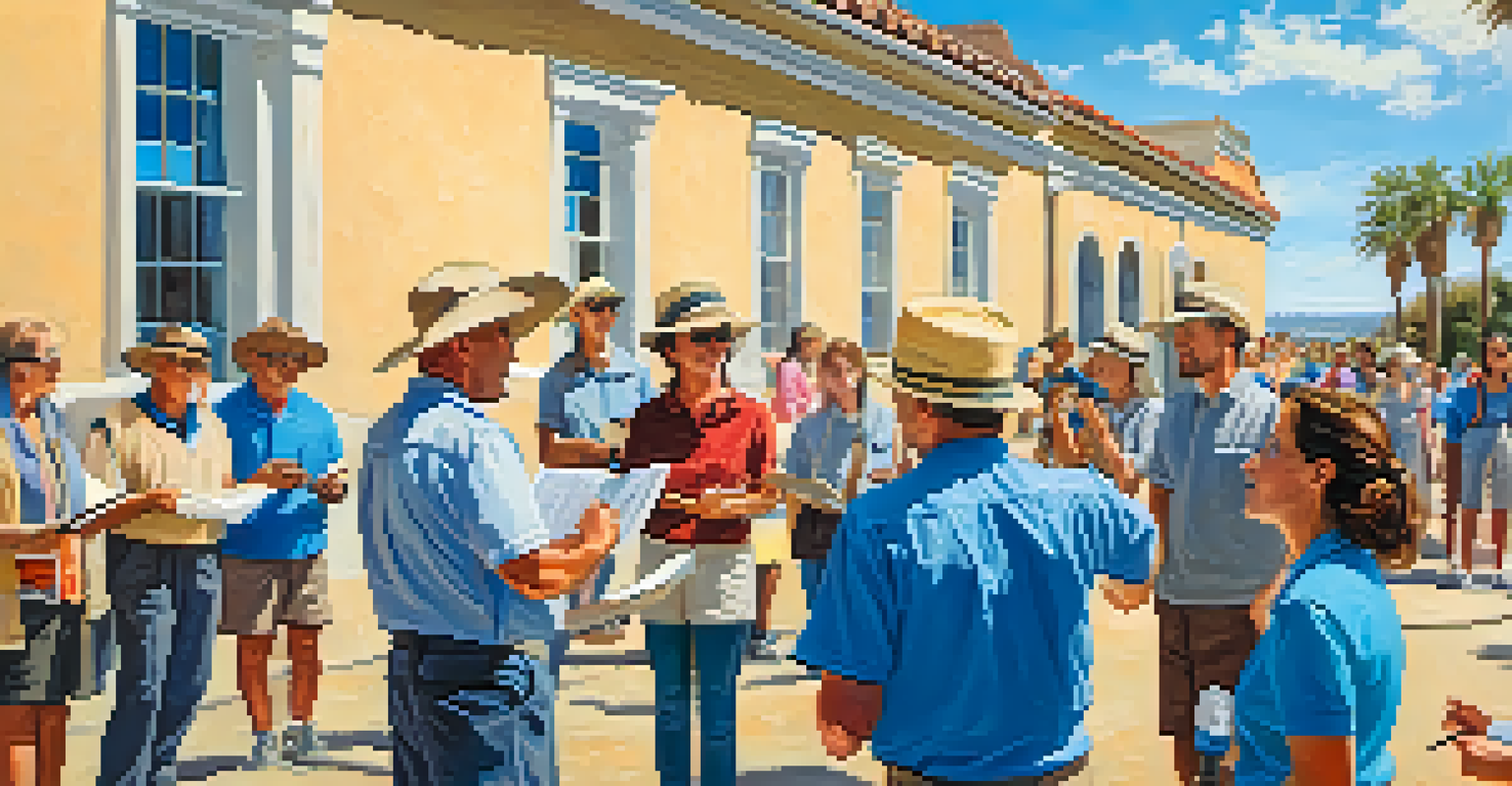A diverse group of volunteers on a guided historical tour in Carlsbad, attentively listening to a guide in front of a historic building under a clear blue sky.