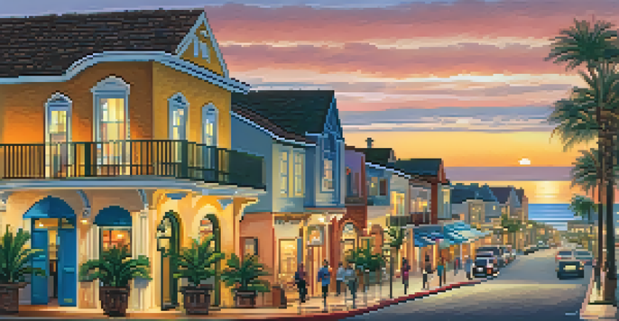 A vibrant sunset view of Carlsbad's Historic Village with colorful shops and palm trees, reflecting the ocean in the background.