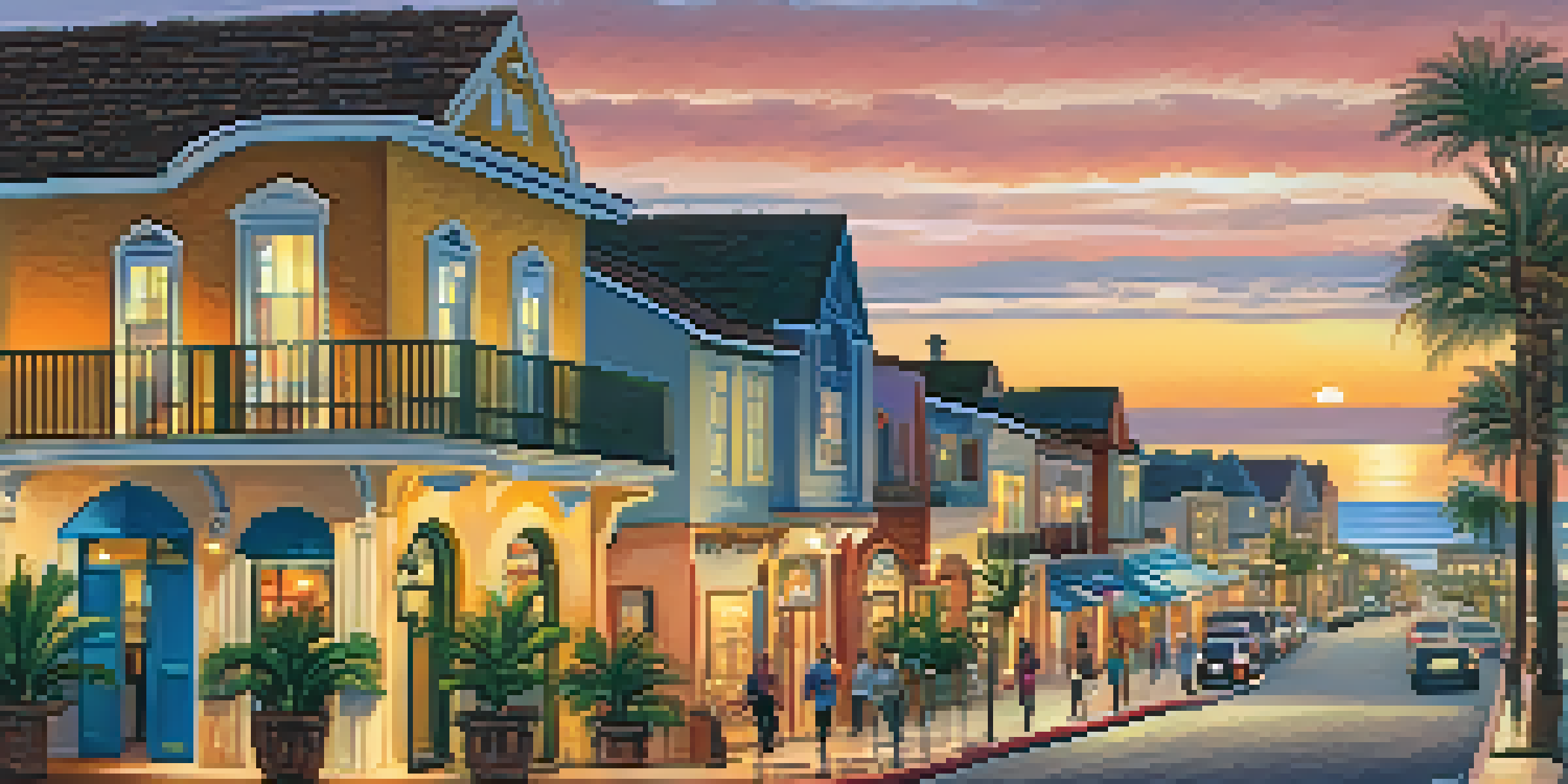 A vibrant sunset view of Carlsbad's Historic Village with colorful shops and palm trees, reflecting the ocean in the background.