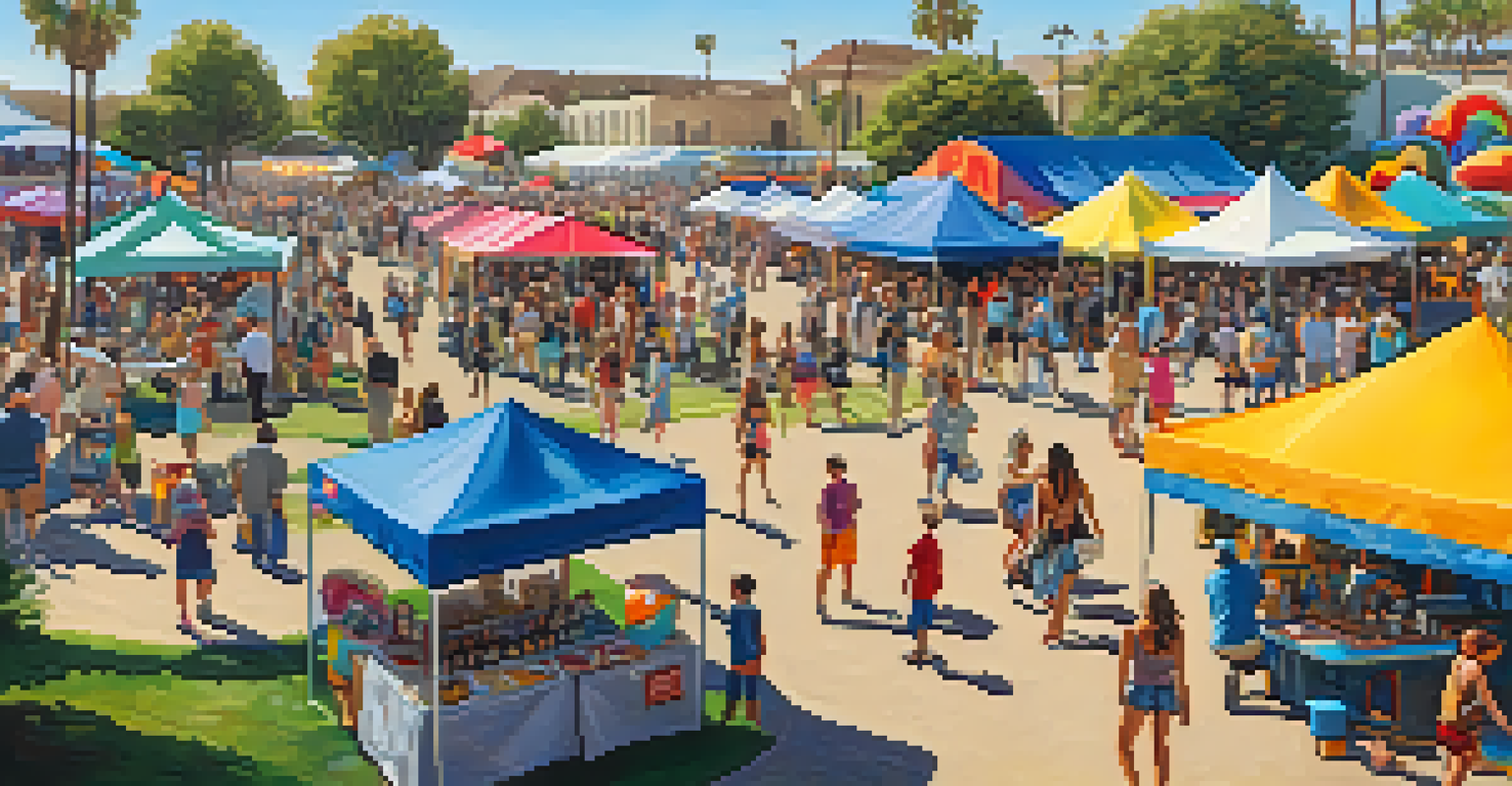 A lively arts festival in an outdoor park, featuring performances and families enjoying food and activities.