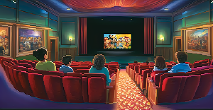 Interior of a family-friendly theater with families watching an animated film, warm lighting, and plush seating.