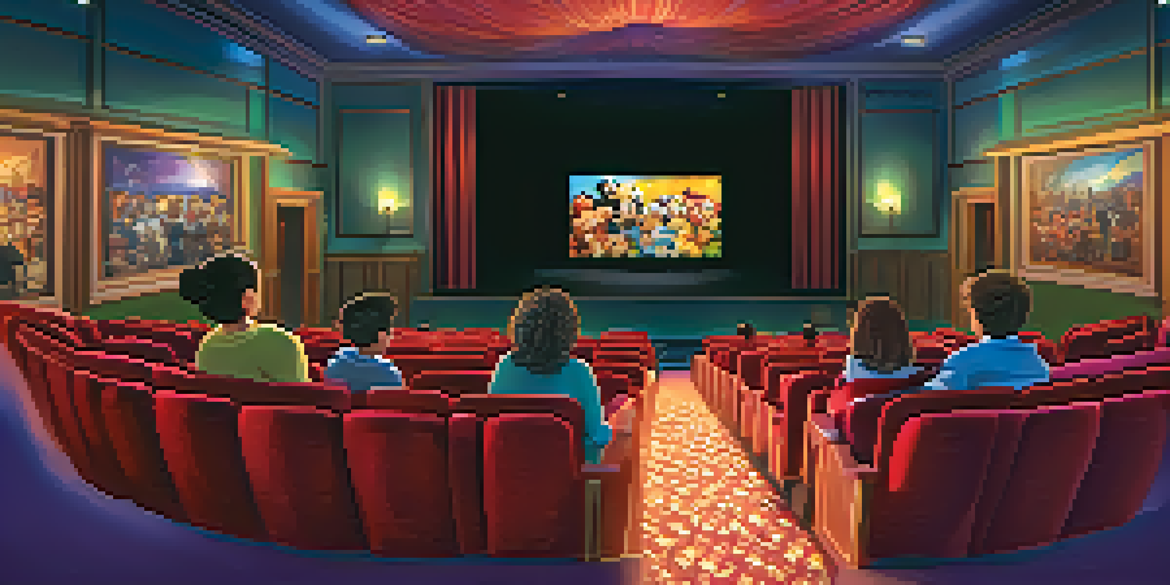 Interior of a family-friendly theater with families watching an animated film, warm lighting, and plush seating.